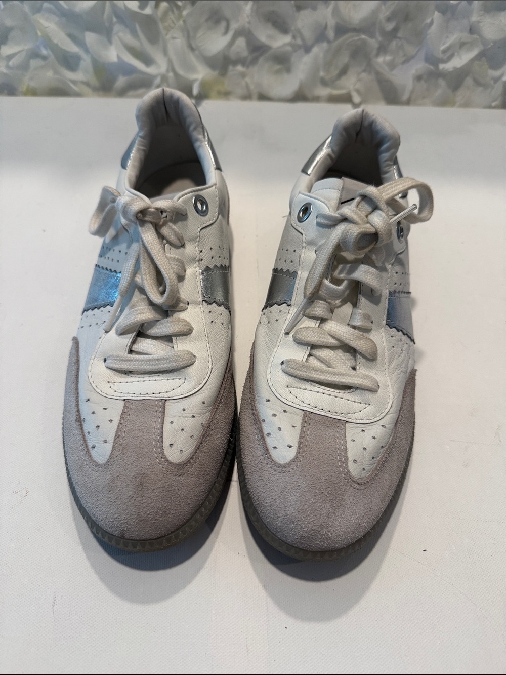 White Leather Sneakers with Light Gray Suede Accents